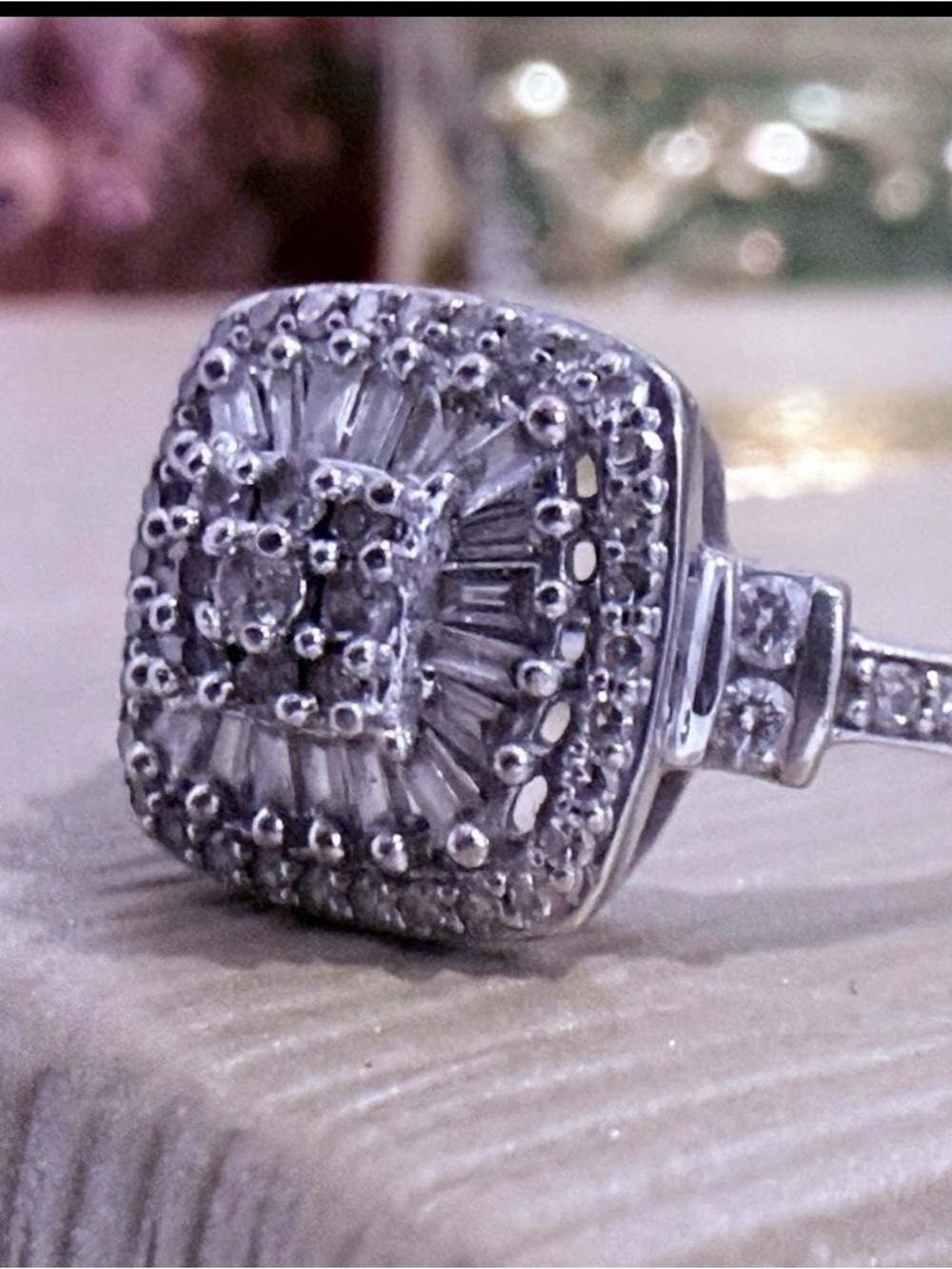 14K White Gold Diamond Halo Cushion Square Prong Set Ring Size 5 Signed